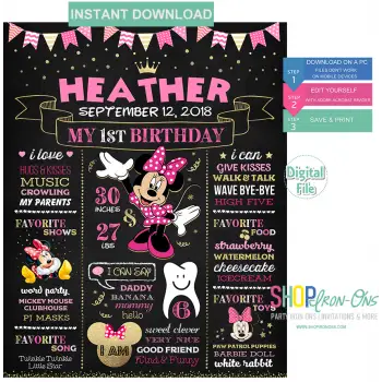 Minnie Mouse First Birthday Party Chalkboard Sign Girl  Editable PDF