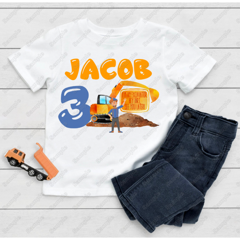 Blippi Excavator Construction Birthday Custom  T Shirt Iron on Transfer Decal