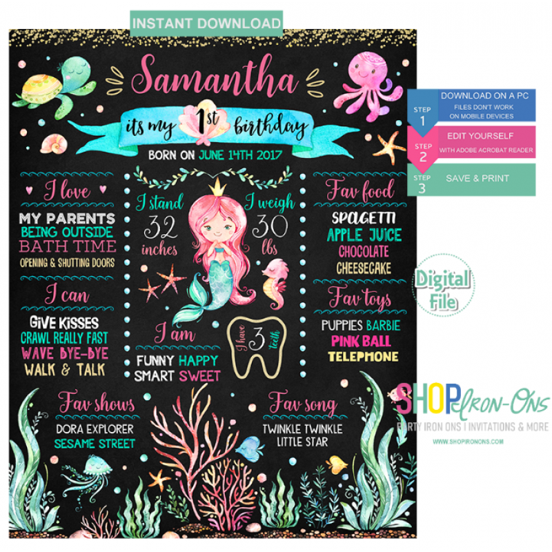 First Birthday Party Mermaid Chalkboard Sign Under The Sea Party Decorations Editable PDF