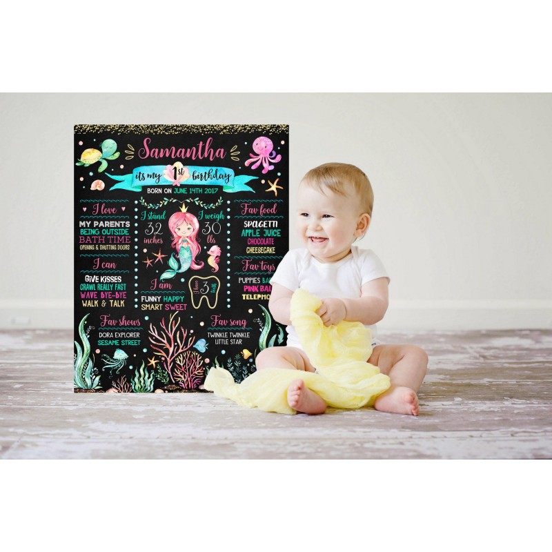 First Birthday Party Mermaid Chalkboard Sign Under The Sea Party Decorations Editable PDF