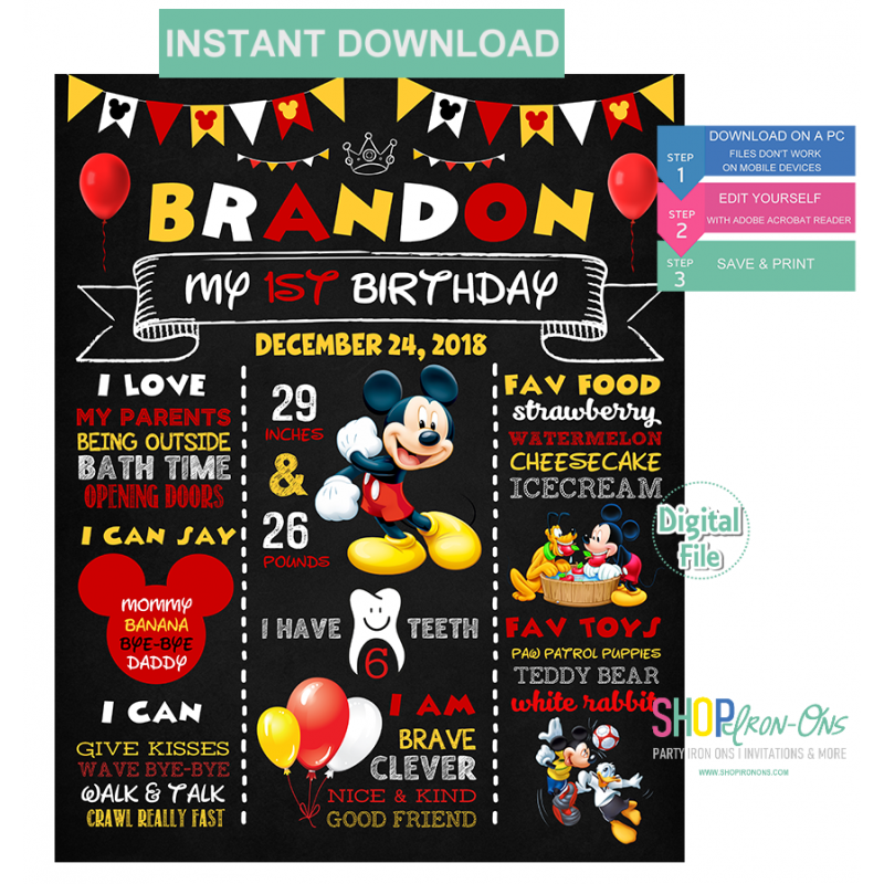 Mickey Mouse Chalkboard Birthday Sign First Birthday  Clubhouse Party  Board Sign Editable PDF