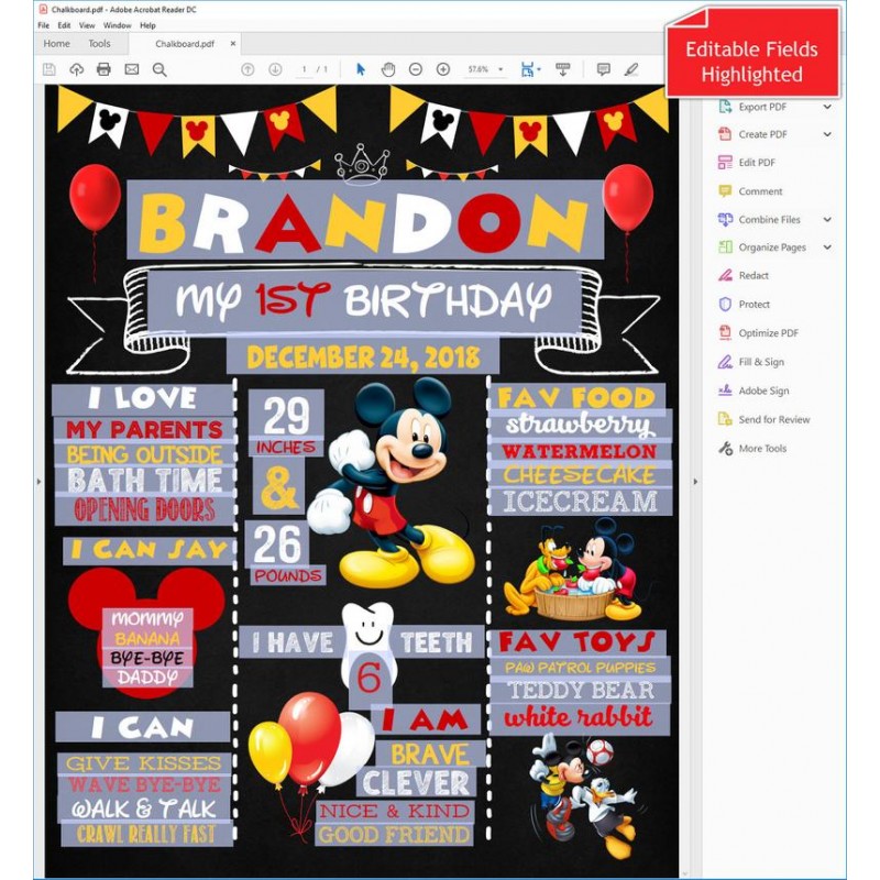 Mickey Mouse Chalkboard Birthday Sign First Birthday  Clubhouse Party  Board Sign Editable PDF