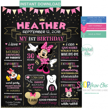 Minnie Mouse First Birthday Party Chalkboard Sign Girl  Editable PDF