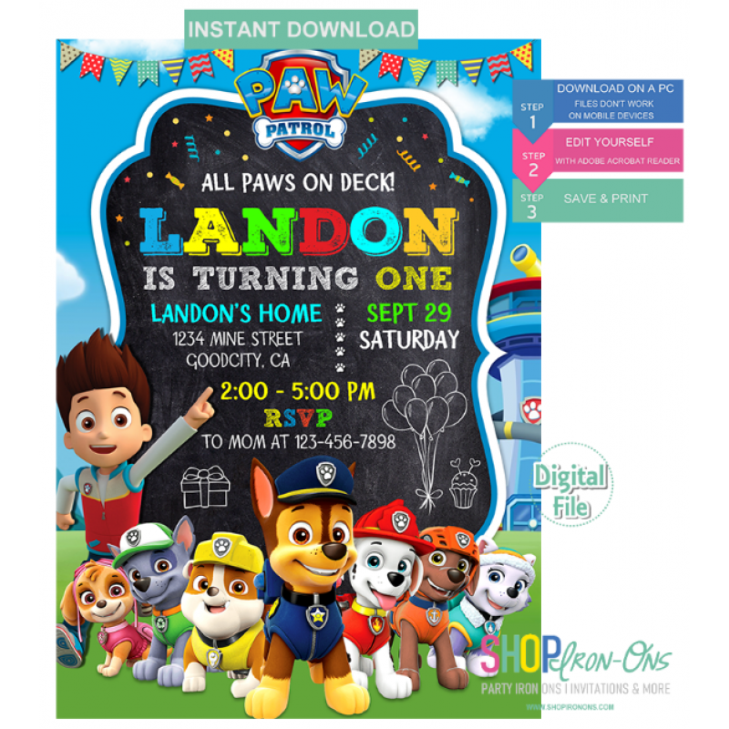 Paw Patrol Birthday Invitation Personalized  Instant Download Digital Editable PDF + Free Thank You Card