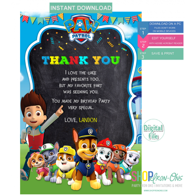 Paw Patrol Birthday Invitation Personalized  Instant Download Digital Editable PDF + Free Thank You Card