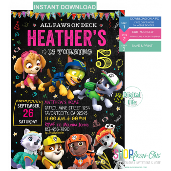 Paw Patrol Birthday Party  Invitation Personalized  Digital Editable PDF + Free Thank You Card & Cupcake Toppers