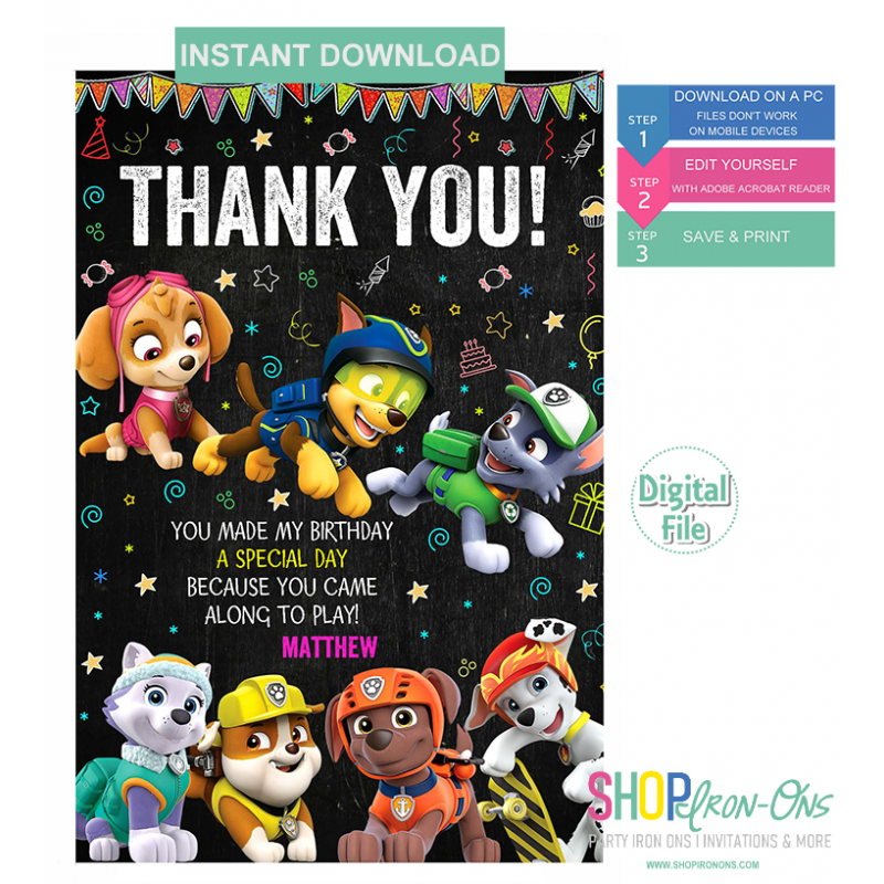 Paw Patrol Birthday Party  Invitation Personalized  Digital Editable PDF + Free Thank You Card & Cupcake Toppers