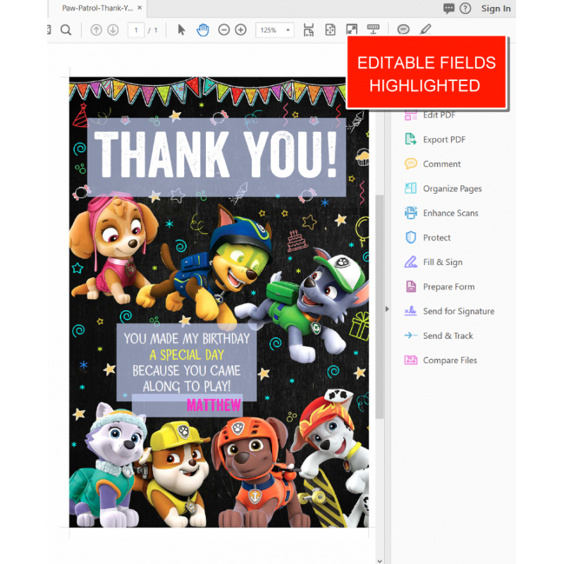 Paw Patrol Birthday Party  Invitation Personalized  Digital Editable PDF + Free Thank You Card & Cupcake Toppers