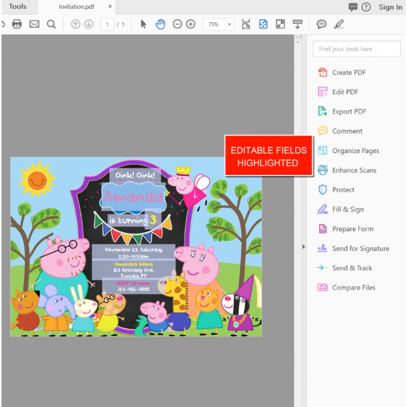 Peppa Pig Birthday Invitation Personalized George Pig  Digital Editable PDF + Free Thank You Card