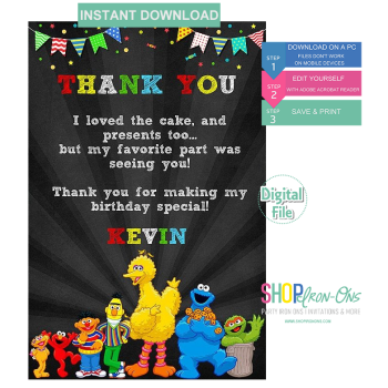 Sesame Street Birthday Party  Invitation  Digital Template   Editable PDF + Free Thank You Card