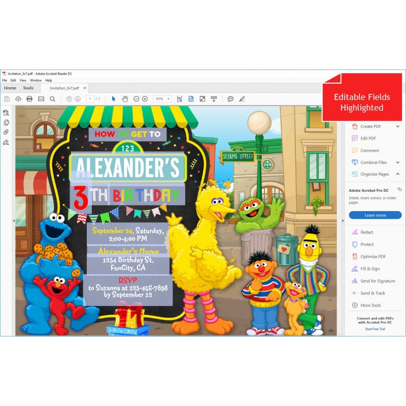 Sesame Street Birthday Party Invitation  Instant Download Digital Editable PDF + Free Thank You Card