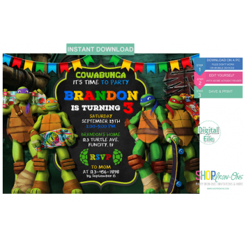 Teenage Mutant Ninja Turtle Invitations  TMNT  Digital Template Editable PDF + Free Thank You Card